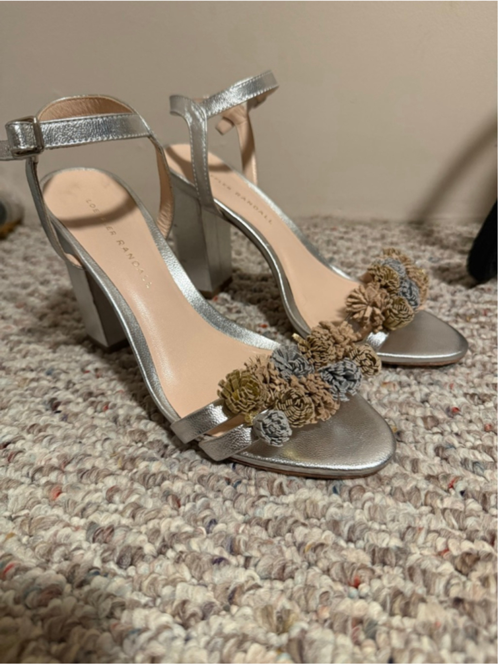 Loeffler Randall Leather Sandals Silver Block Heel Pom Pom- Size 7